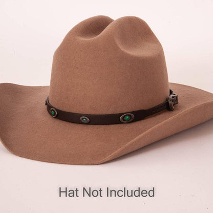 Jaded Leather Cowboy Hat Band with Silver Buckle on a brown hat