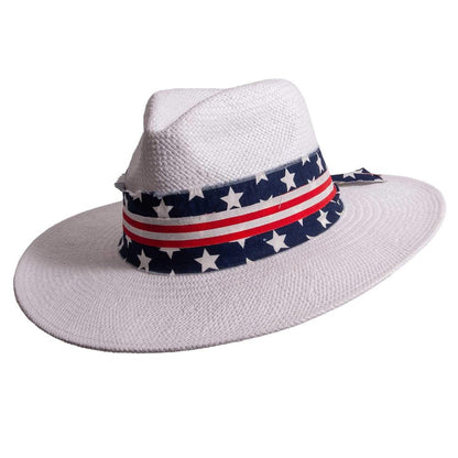 A side view of Knox white straw sun hat with US flag designed hat band