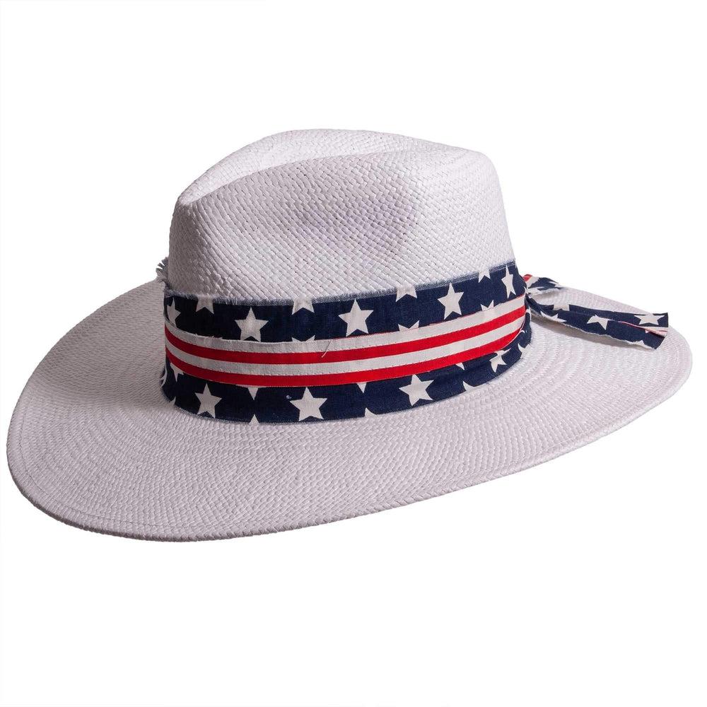 A side view of Knox white straw sun hat with US flag designed hat band