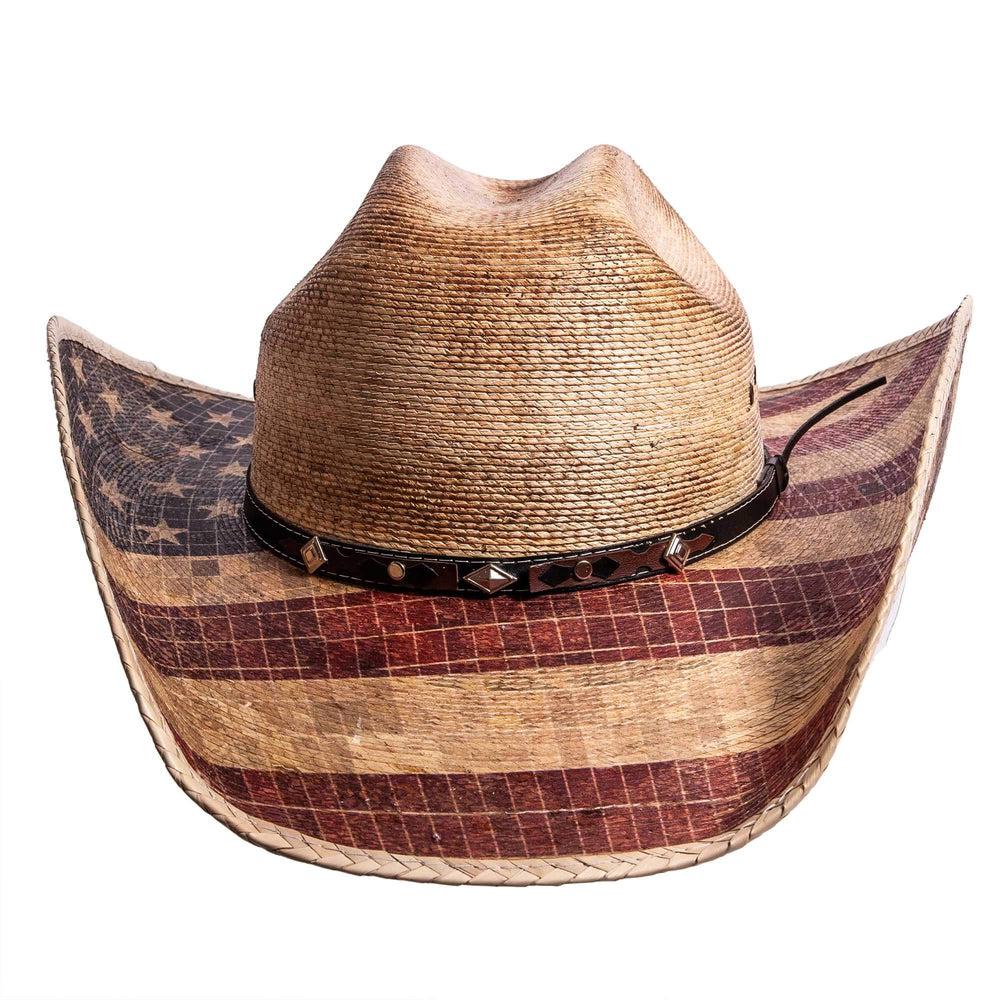 A back view of Liberty US flag designed straw cowboy hat 