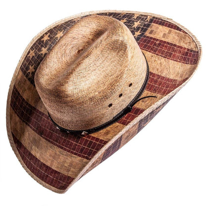 A side top view of a Liberty US flag designed straw cowboy hat 