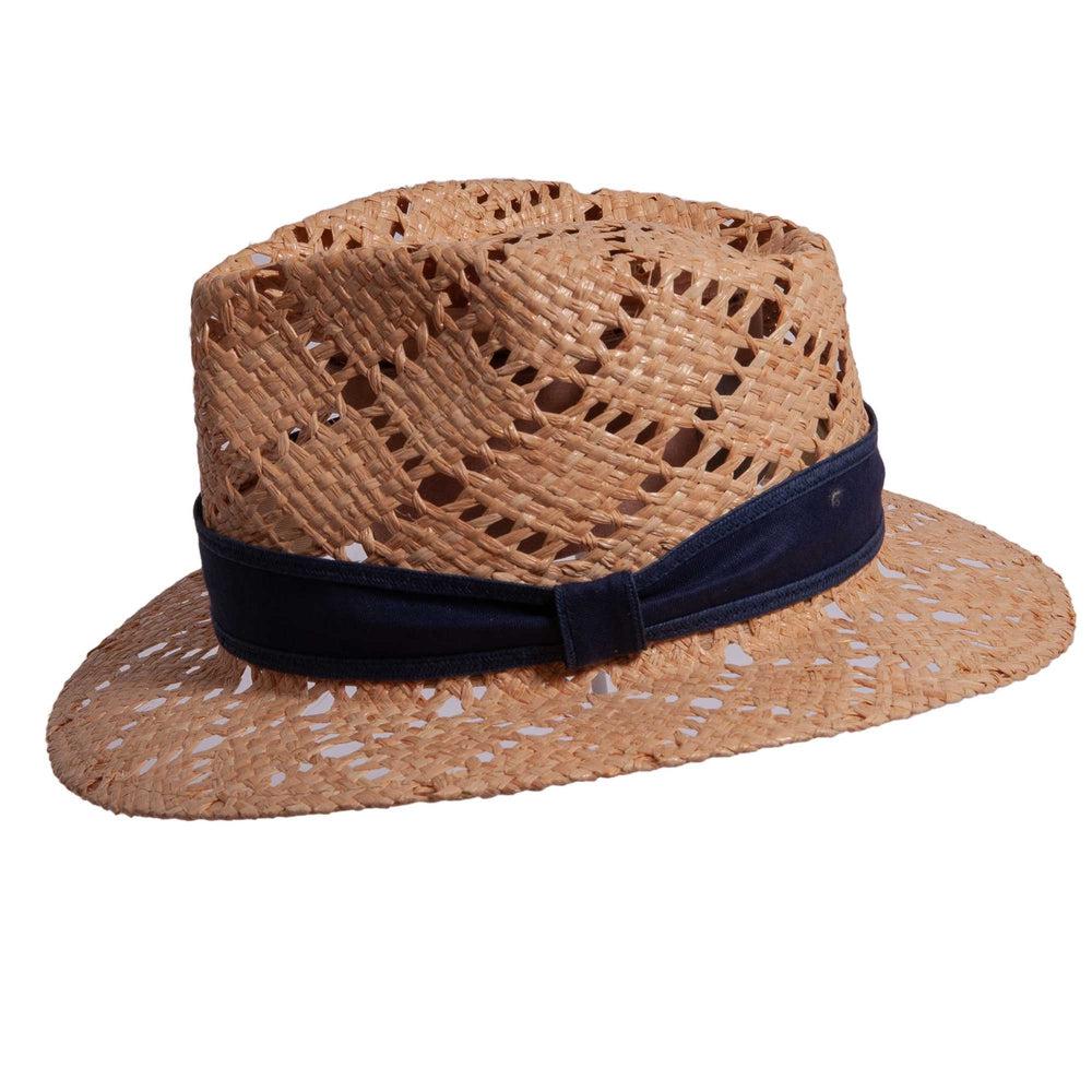 A front view of Markie brown fedora straw hat