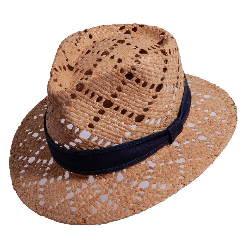 An angle left side view of Markie brown fedora straw hat