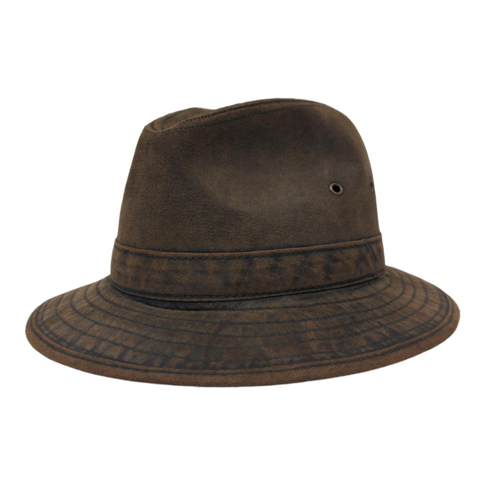 A angle view of Otis brown fedora hat