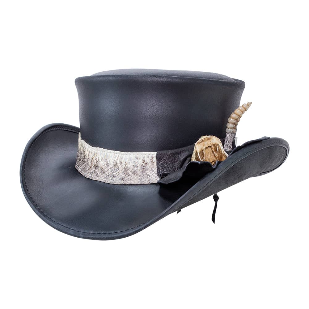 Pale Rider Black Finished Top Hat with Rattlesnake Band by American Hat Makers