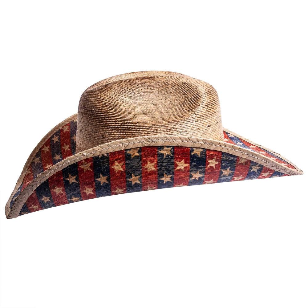 A side view of Patriot distressed straw cowboy hat 