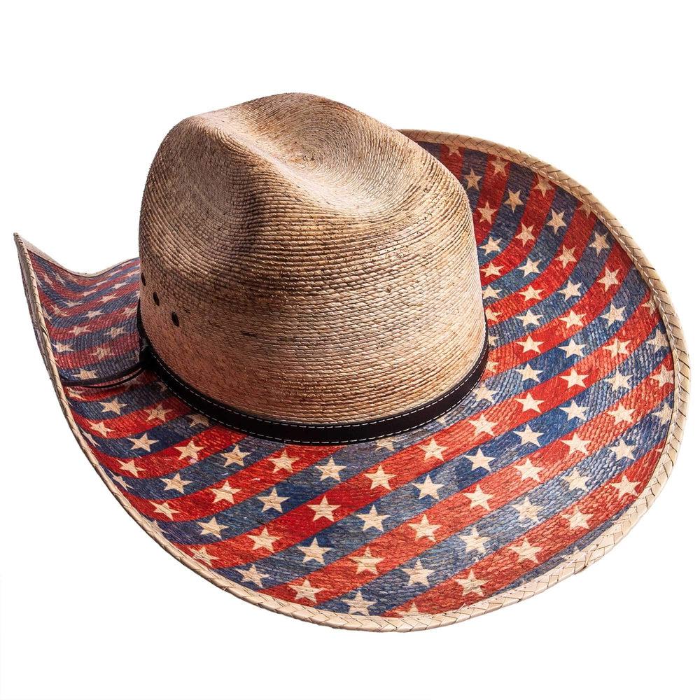 Patriot distressed straw cowboy hat by American Hat Makers angled view