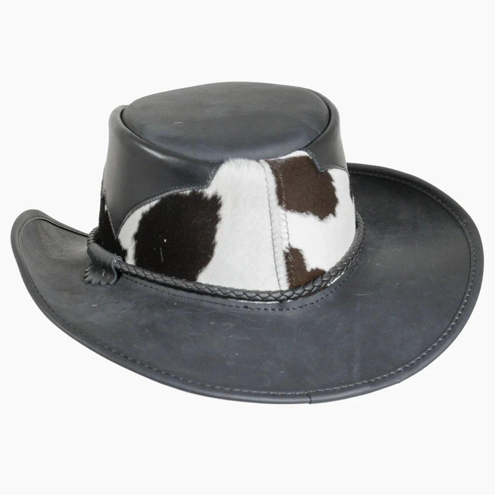 A rear view of a Pinto Black leather cowboy hat