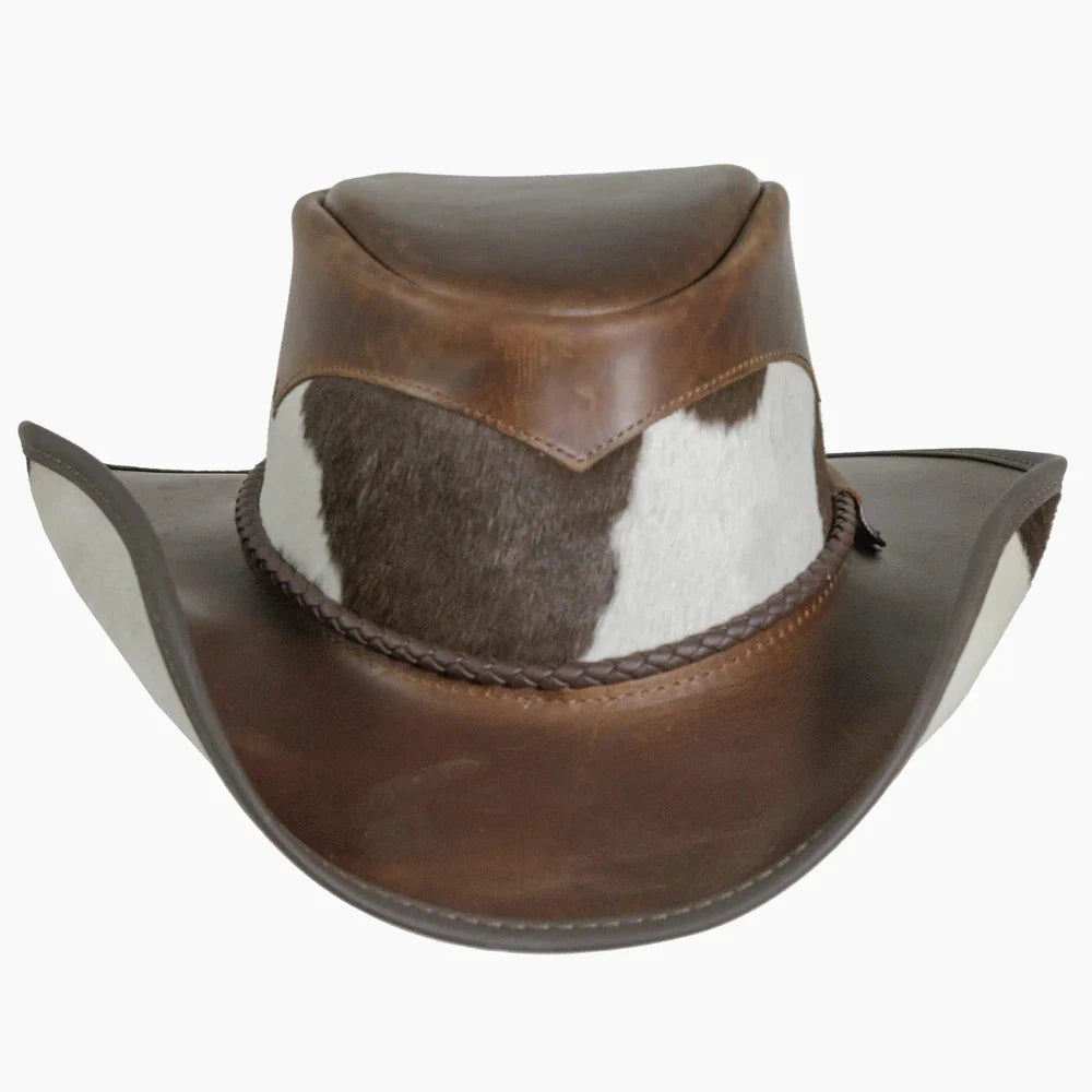 A front view of a Pinto brown leather cowboy hat