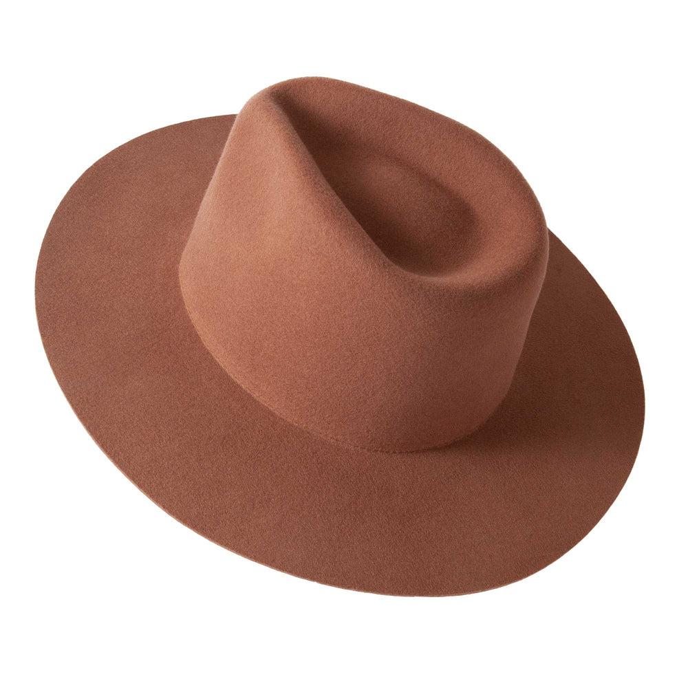 A left angle view of Brown Rancher Felt Fedora Hat 