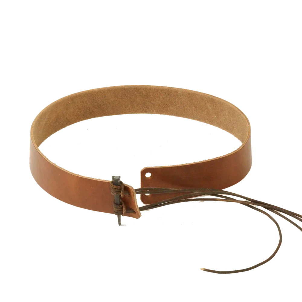 A back view of a Rawhide saddle leather hat band