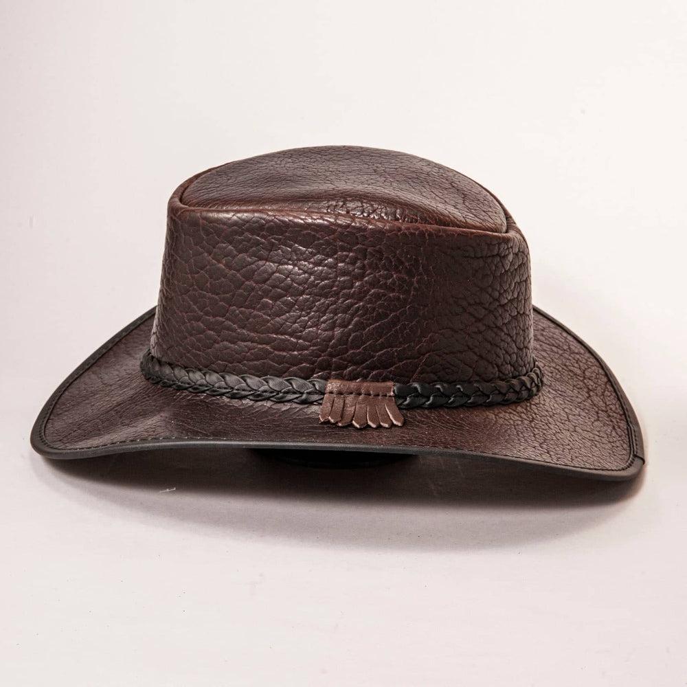 Roughneck Chocolate Buffalo Leather Hat by American Hat Makers side view