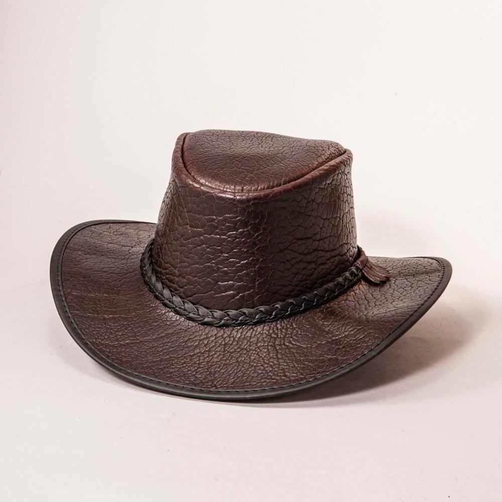 Roughneck Chocolate Buffalo Leather Hat by American Hat Makers front angled view