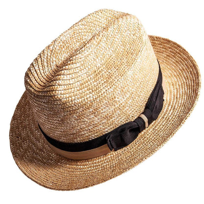 An angled top view of Sawyer brown straw sun hat 