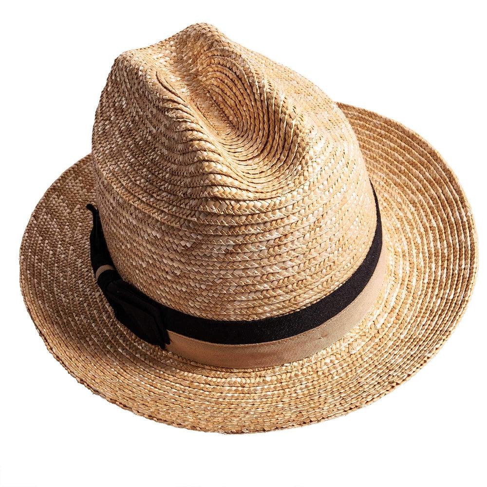 A left top view of Sawyer brown straw sun hat 