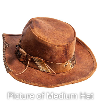 A back view of a sidewinder brown hat