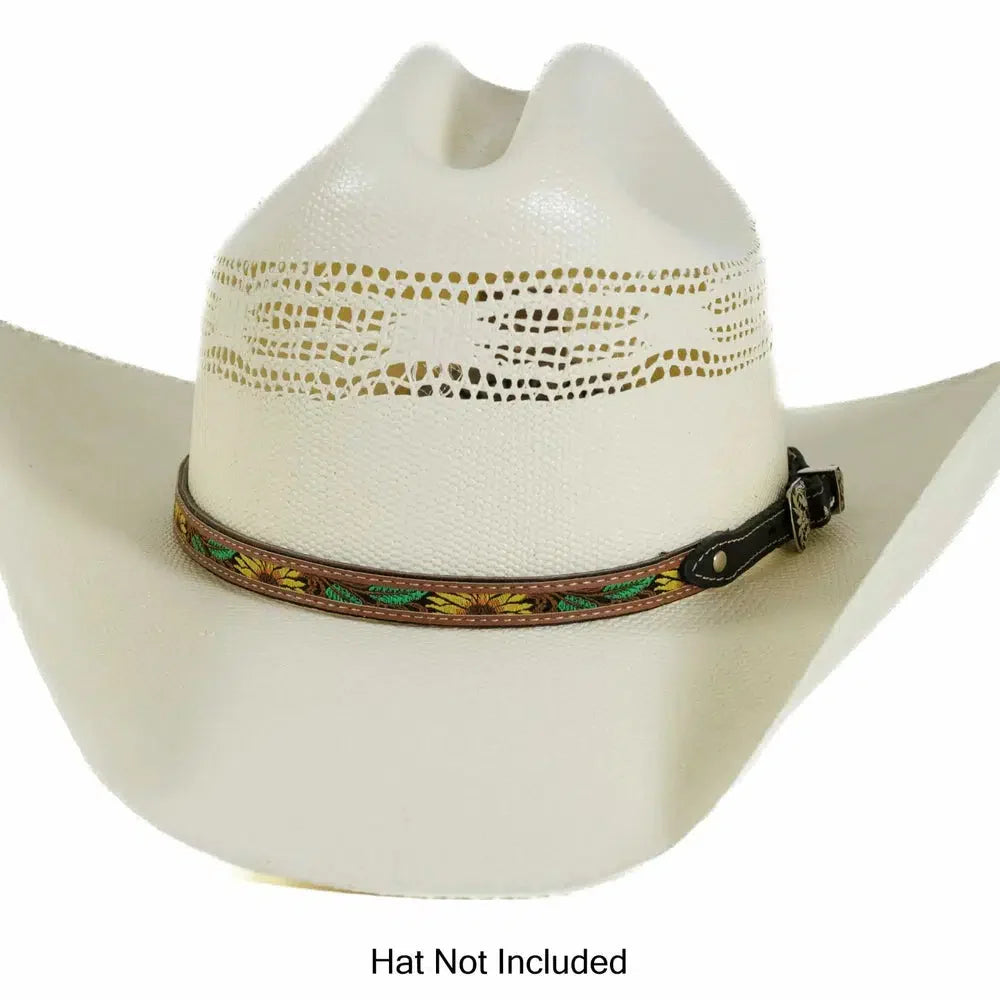 stitch sunflower brown hatband on a cream hat by american hat makers