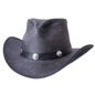 An front view of a Cyclone Black Leather Cowboy Hat with 3" Brim and 4" Crown 