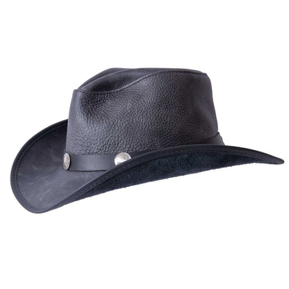 A side view of a Cyclone Black Leather Cowboy Hat with 3" Brim and 4" Crown 