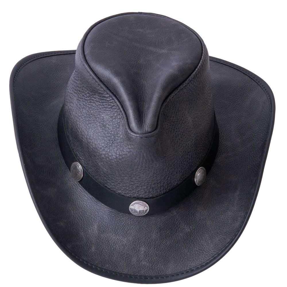 A top view of a Cyclone Black Leather Cowboy Hat with 3" Brim and 4" Crown 