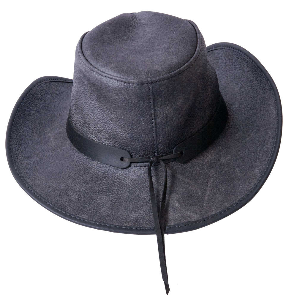 A back view of a Cyclone Black Leather Cowboy Hat with 3" Brim and 4" Crown 