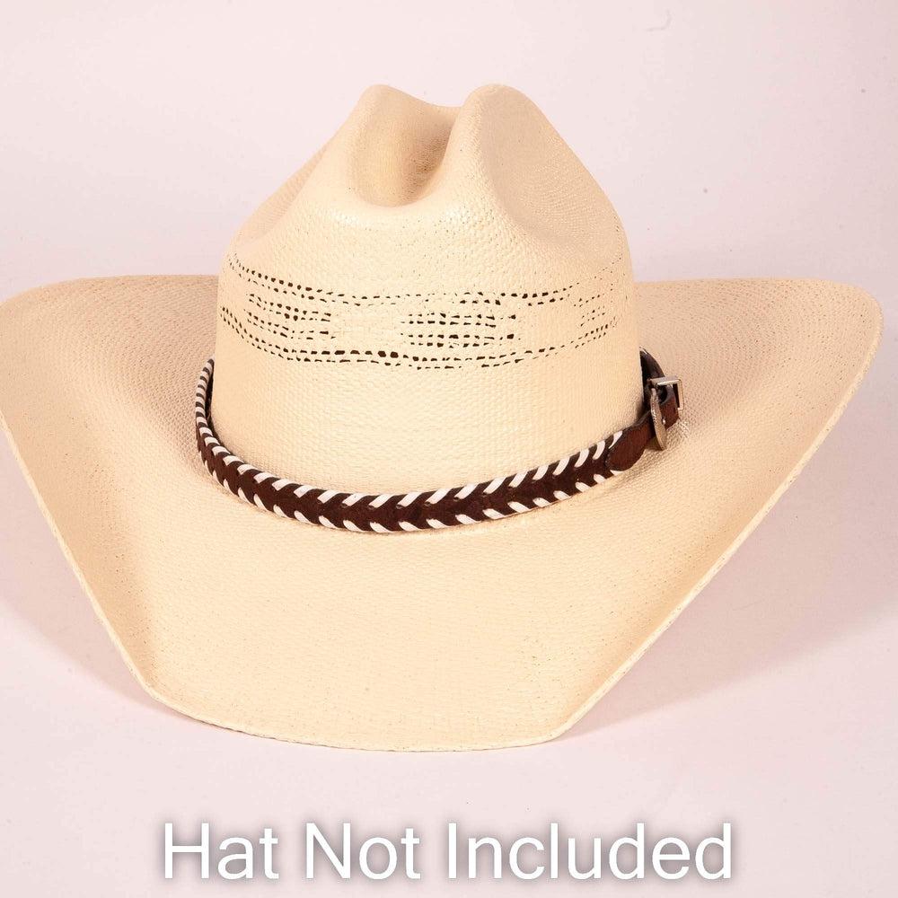 Whippersnapper brown leather hat band on white straw cowboy hat